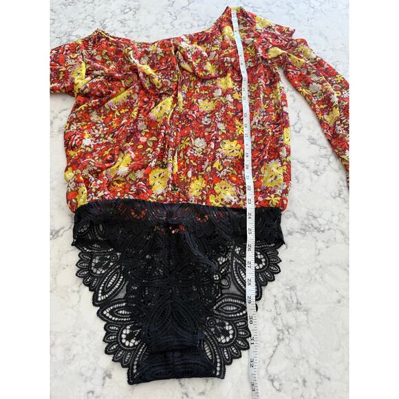Free People "Say It To Me" Red Orange Yellow Floral Chiffon Bodysuit-Small - Picture 7 of 7